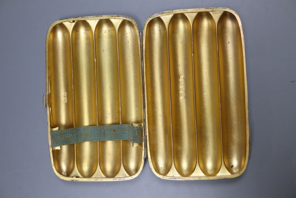 An Edwardian engraved silver four division cigar case, Joseph Gloster Ltd, Birmingham, 1901, 13cm, gross 5oz,